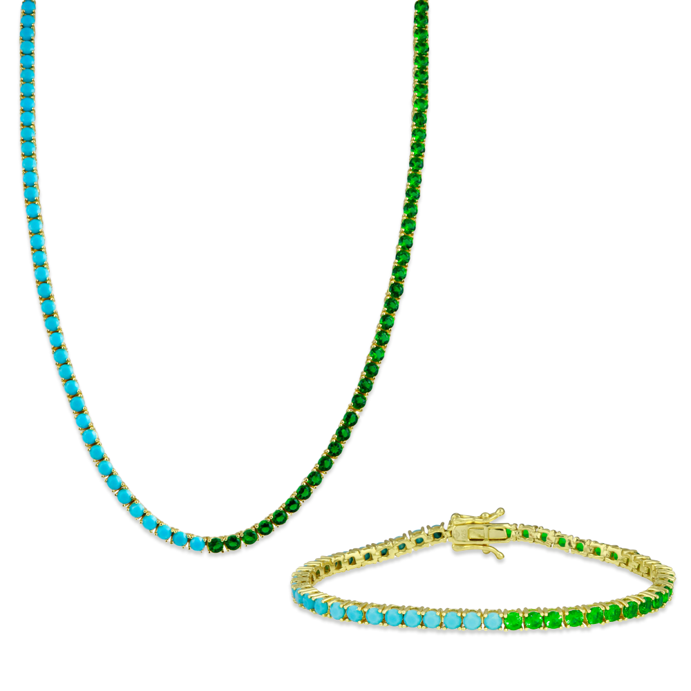 Half Turquoise Half Emerald Tennis Bracelet + Half Turquoise Half Emerald Tennis Necklace