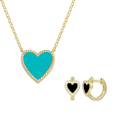 Pave Outline Stone Heart Necklace + Pave Outline Stone Heart Huggies