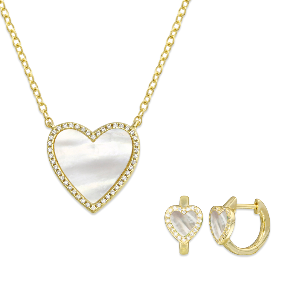 Pave Outline Stone Heart Necklace + Pave Outline Stone Heart Huggies