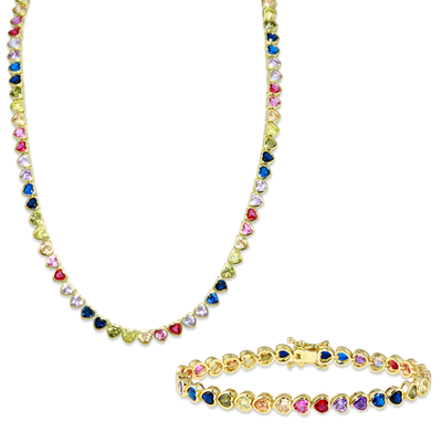 Rainbow Bezel Heart Tennis Necklace + Bezel Heart Rainbow Tennis Bracelet